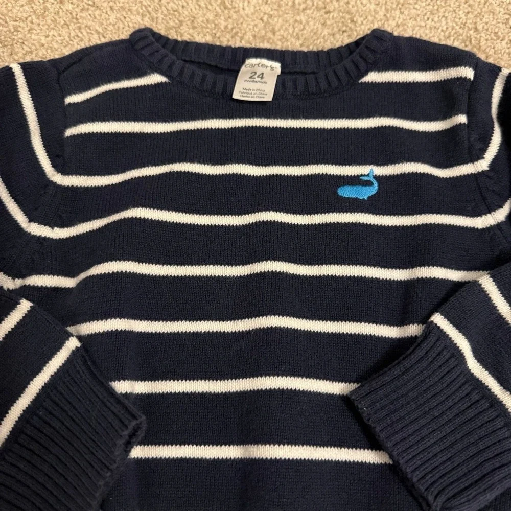 Carter's Knit Sweater Kids 24M Navy Blue White Striped Whale Pullover‎ Nautical